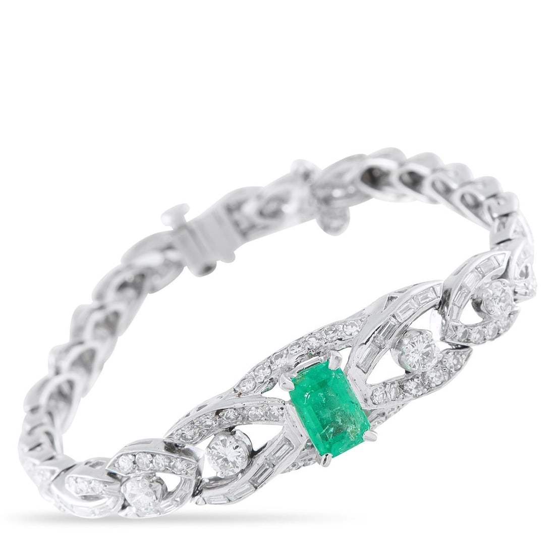 PLATINUM 2.30CT DIAMOND AND EMERALD BRACELET: Add old fashioned elegance to any ensemble with this dazzling bracelet. Diamonds with a total weight of 2.30 carats make it a stunning piece that will continually catch the light. At the center, a 1.7
