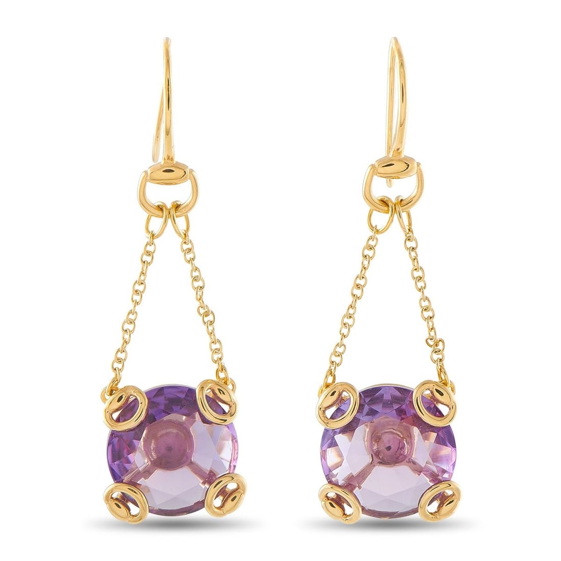 GUCCI HORSEBIT 18K YELLOW GOLD PURPLE GEMSTONE DANGLE EARRINGS: A pair of purple gemstones dangle delicately on these Gucci earrings. Throughout the design, the brands iconic horsebit motif adds a touch of obvious luxury. Each earring is crafted from 18K Yellow Go