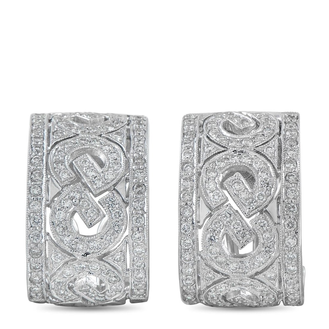 18K WHITE GOLD 1.65CT DIAMOND OPEN-WORK EARRINGS: Spectacular 18K white gold diamond hoop earrings showcasing an intricate open-work design of interlacing infinity knot motifs. The wide rectangular band is fully pav set with round brilliant diamonds 