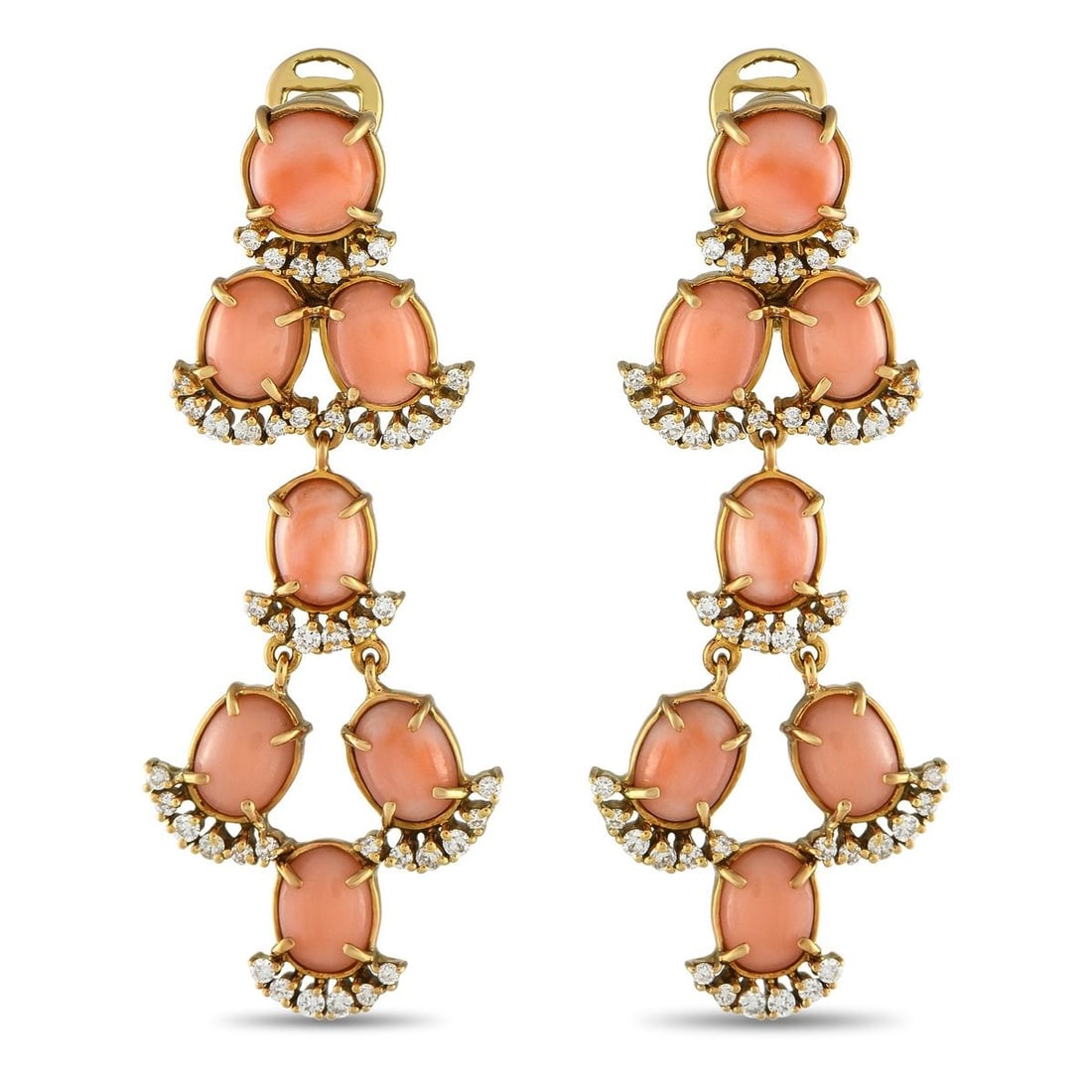 LAURA MUNDER 18K YELLOW GOLD 1.35CT DIAMOND AND CORAL CLIP-ON DANGLE EARRINGS: These stylish Laura Munder earrings will add a playful pop of color to any ensemble. Coral stones are beautifully complemented by the 18K Yellow Gold setting. Diamond accents totaling 1.35 carats add 