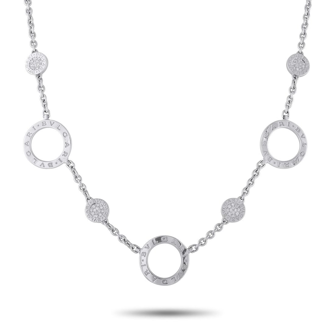 BVLGARI BVLGARI 18K WHITE GOLD DIAMOND NECKLACE: This Bvlgari Bvlgari necklace exudes timeless luxury. Circular accents are elevated by the brand name around the perimeter. Sparkling inset Diamonds provide additional elegance. Crafted from 18K White