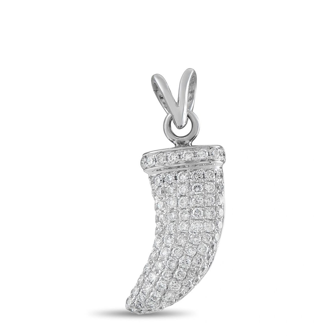 18K WHITE GOLD 0.75CT DIAMOND HORN PENDANT: This estate 18K white gold pendant is sculpted in the elegant form of a curved horn or tusk, its entire surface blanketed in round brilliant pav-set diamonds totaling approximately 0.75 carats. The si