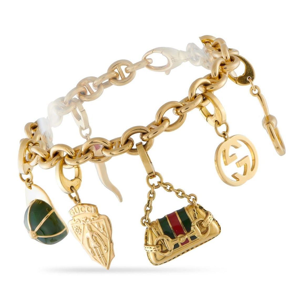 GUCCI VINTAGE 18K YELLOW GOLD CHARM BRACELET: This Gucci vintage charm bracelet is a classic piece with instant appeal. The brands iconic colors and symbols make it a luxury piece that will simply never go out of style. Crafted from 18K Yellow