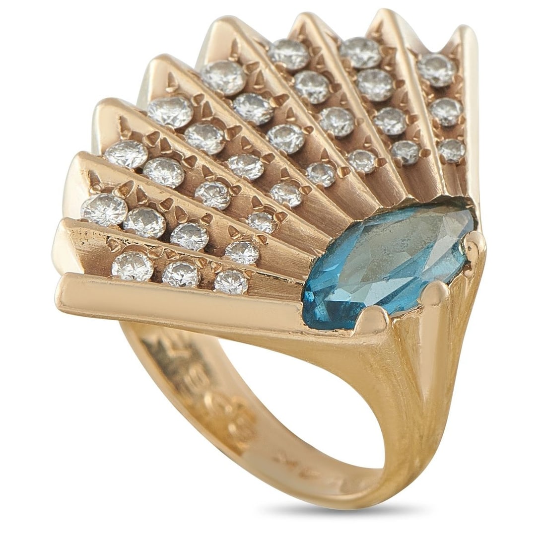 ERTE VINTAGE 14K YELLOW GOLD 0.46CT DIAMOND TOPAZ COCKTAIL RING: This vintage cocktail ring by Erte is crafted in 14K yellow gold with a striking fan-shaped design. It is set with round brilliant-cut diamonds totaling approximately 0.46 carats and centers on a marq