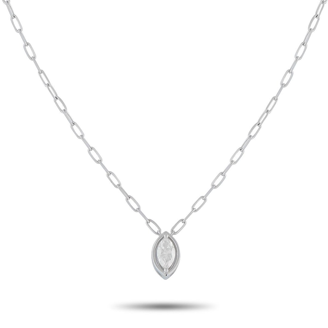 18K WHITE GOLD 0.50CT DIAMOND PENDANT NECKLACE: A single 0.50 carat marquise cut Diamond makes a statement at the center of this exquisite necklace. Simple and elegant, the 18K White Gold pendant measures 0.38 long by 0.25 wide and is suspended fro