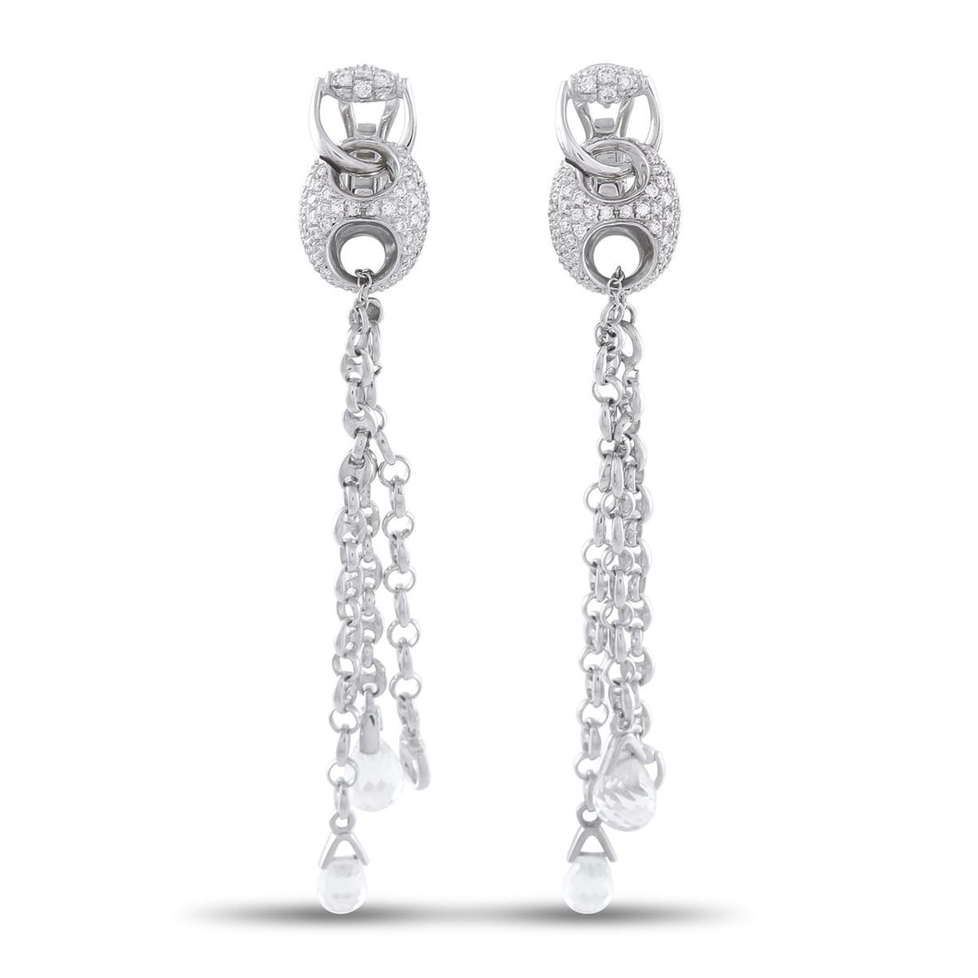 GUCCI HORSEBIT 18K WHITE GOLD 1.20CT DIAMOND AND WHITE TOPAZ EARRINGS: On these Gucci Horsebit earrings, the luxury brands most iconic motif is expertly reimagined. Diamonds totaling 1.20 carats and dangling White Topaz gemstones allow them to effortlessly elevate any en