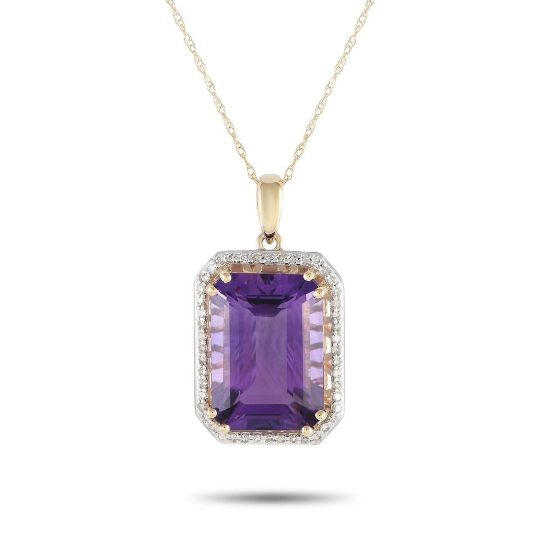 14K YELLOW GOLD 0.20CT DIAMOND AND AMETHYST PENDANT NECKLACE: A bold Amethyst gemstone serves as a stunning focal point on this elegant necklace. Crafted from 14K yellow gold, this pieces pendant measures 1.0 long by 0.50 wide and is suspended from a delicate 18