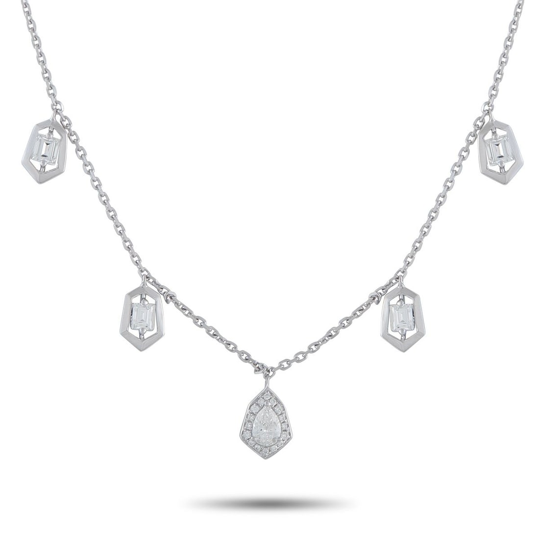 18K WHITE GOLD 1.37CT DIAMOND NECKLACE: This luxury necklace will add charm and sophistication to any ensemble. Set in 18K White Gold, a series of pendants are suspended from this pieces delicate 18 chain. Diamonds with a total weight of