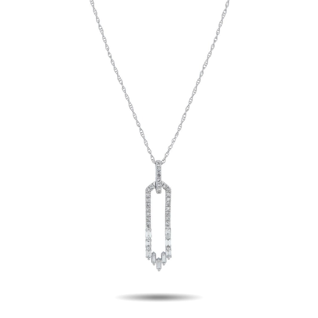 14K WHITE GOLD 0.25CT DIAMOND NECKLACE: Light catches differently at every angle with this 14K white gold necklace. Its diamond-lined bail leads to an elongated, openwork oval pendant with pointed ends. Round diamonds trace the top half,