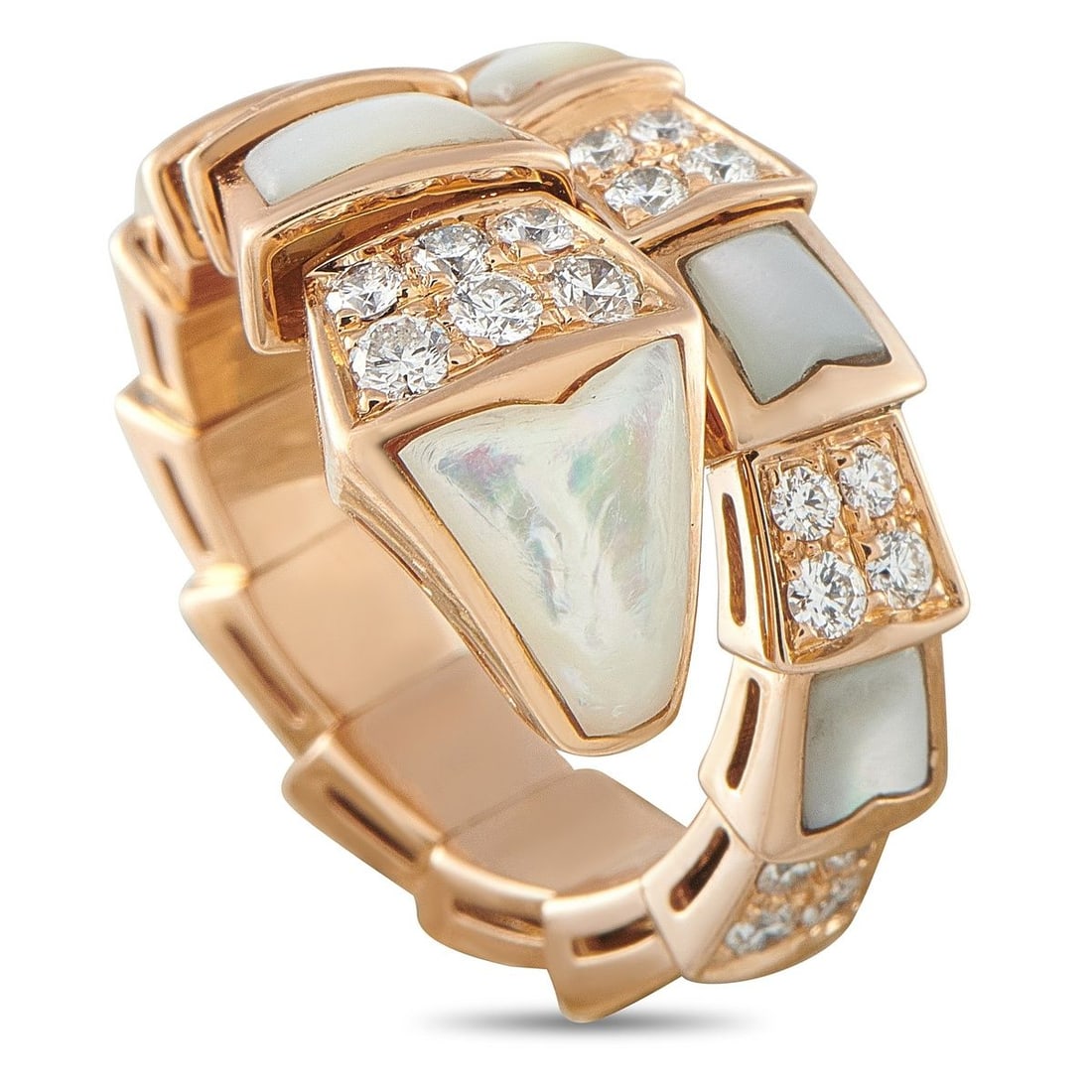 BVLGARI SERPENTI VIPER 18K YELLOW GOLD DIAMOND AND WHITE MOTHER OF PEARL RING: With its combination of polished gold, sparkling pav diamonds, and creamy mother-of-pearl, the Serpenti Viper ring commands attention through subtle complexity. Each segment aligns in measured