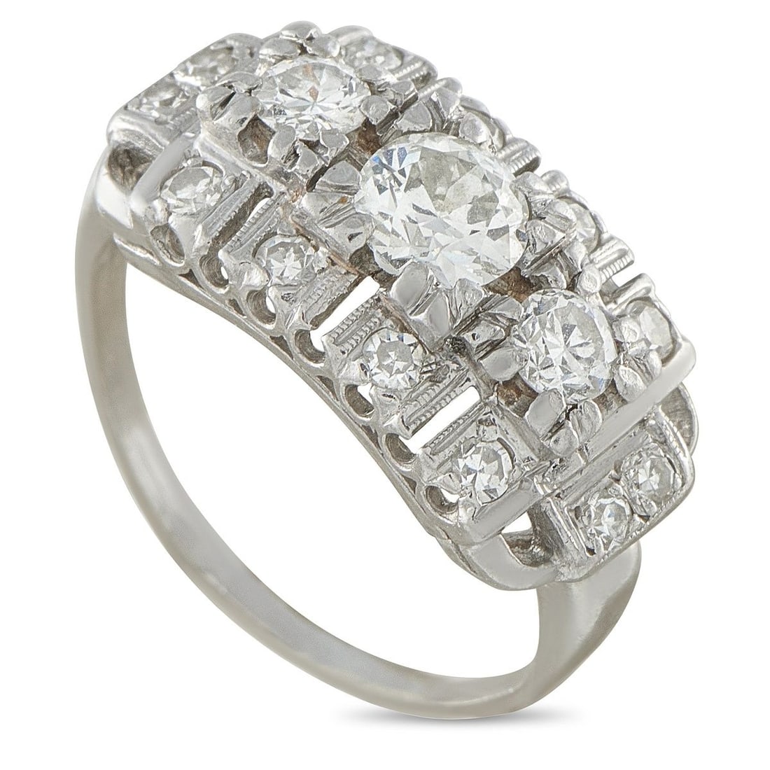 PLATINUM 1.20CT OLD EUROPEAN CUT DIAMOND ART DECO RING: A stunning platinum Art Deco ring featuring an old European cut diamond center stone flanked by round diamond accents set in a rectangular, milgrain-edged mounting, for a total diamond weight of