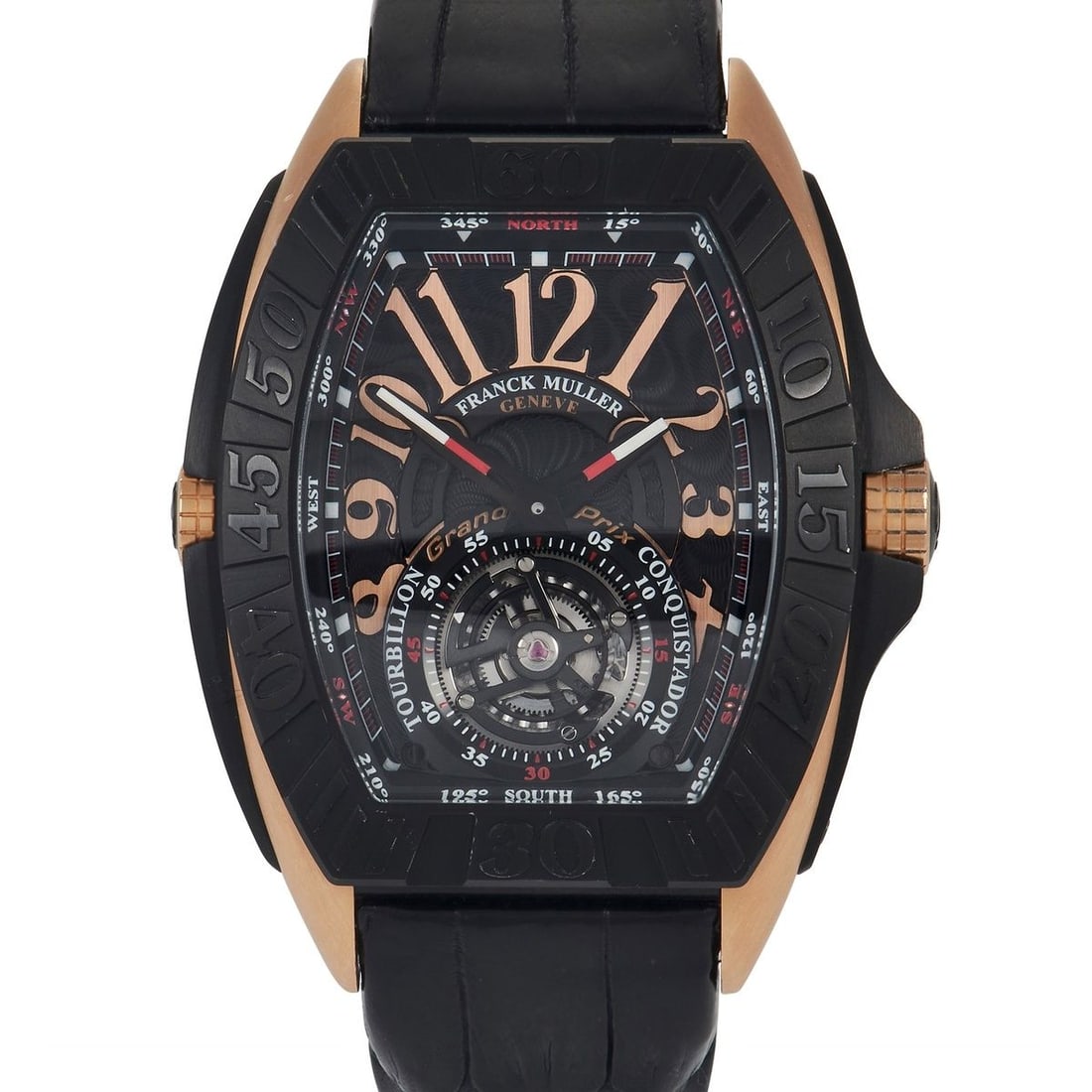 FRANCK MULLER CONQUISTADOR GRAND PRIX TOURBILLON WATCH: Designed with unconventional luxury in mind, this timepiece features a massive case fashioned in titanium and rose gold with a shapely Cintre Curvex body. The black flamm dial sports a textured patter