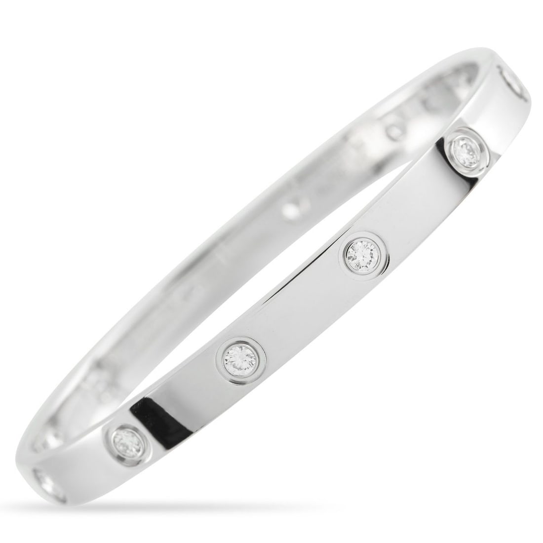 CARTIER LOVE 18K WHITE GOLD 10-DIAMOND BRACELET: A series of 10 round-cut Diamonds add a touch of luxury to this sleek, sophisticated Cartier LOVE bracelet. This Size 17 bracelet is crafted from 18K White Gold and measures 6.3 long.This jewelry piec