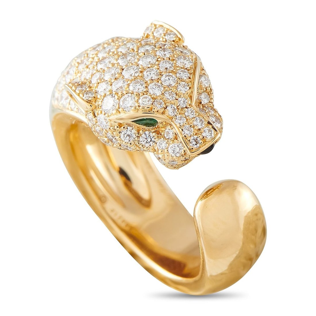 CARTIER PANTHERE 18K YELLOW GOLD 1.15CT DIAMOND RING: The luxury brands iconic panther makes a statement on this exquisite Cartier Panthere ring. An alluring symbol of strength, this pieces 18K Yellow Gold setting beautifully showcases sparkling Diamonds