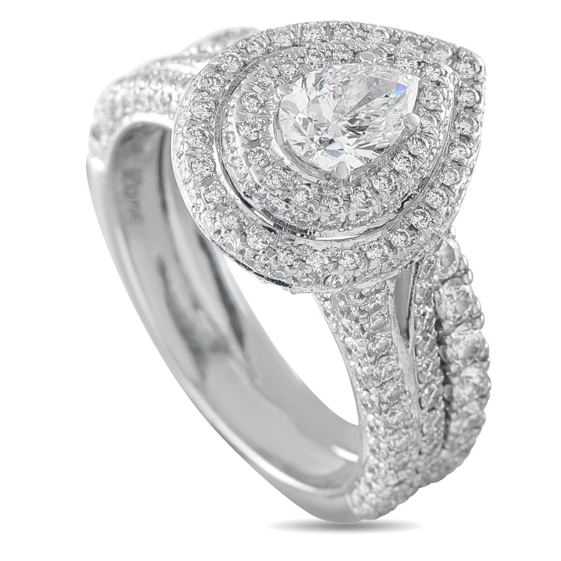 NEIL LANE 14K WHITE GOLD 1.30CT DIAMOND PEAR DOUBLE HALO RING: Signed Neil Lane, this 14K white gold ring embodies the designer's signature vintage-inspired glamour with a breathtaking double halo design. A 0.45-carat pear-shaped center diamond graded H color and