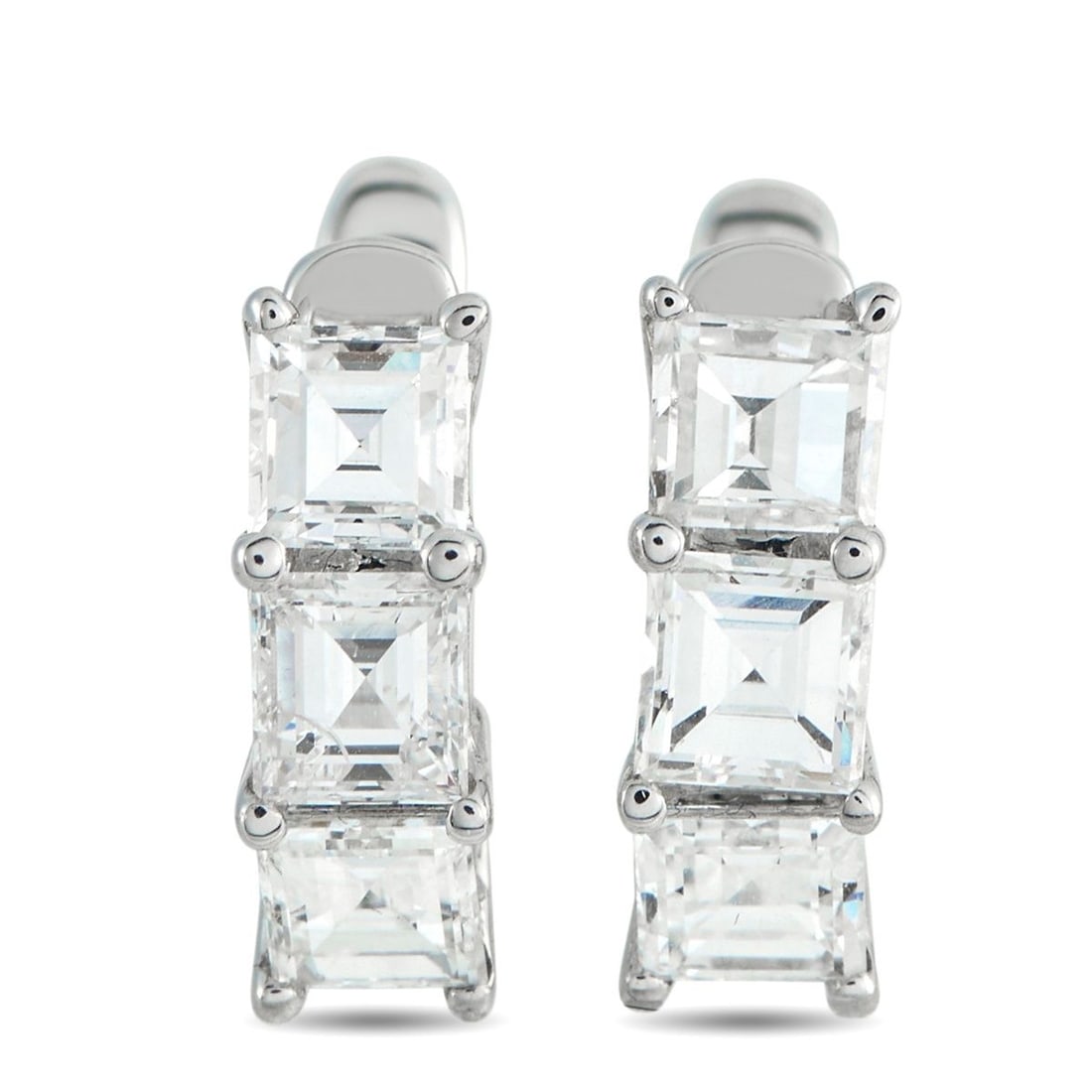 18K WHITE GOLD 1.70CT DIAMOND EARRINGS: These luxury earrings are simply exquisite. Elegant enough for special occasions but understated enough for everyday wear, they come complete with sparkling square-cut Diamonds totaling 1.70 carats. E