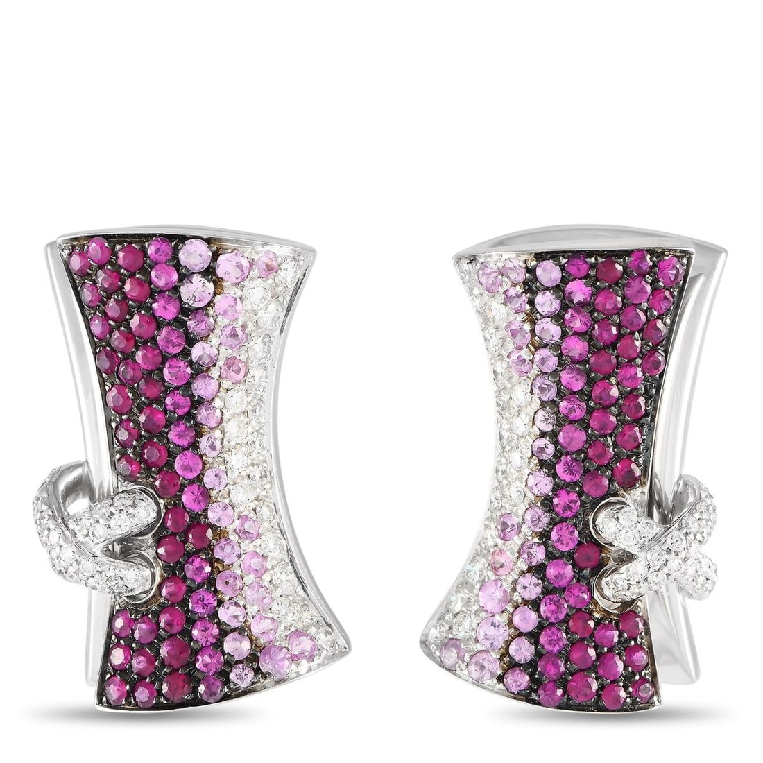 STEFAN HAFNER 18K WHITE GOLD 0.95CT DIAMOND AND PINK SAPPHIRE EARRINGS: Italian sophistication emanates from these bejeweled earrings by Stefan Hafner. They're clad in fine 18K white gold and feature a unique silhouette reminiscent of a corset. Pave-set white diamonds and