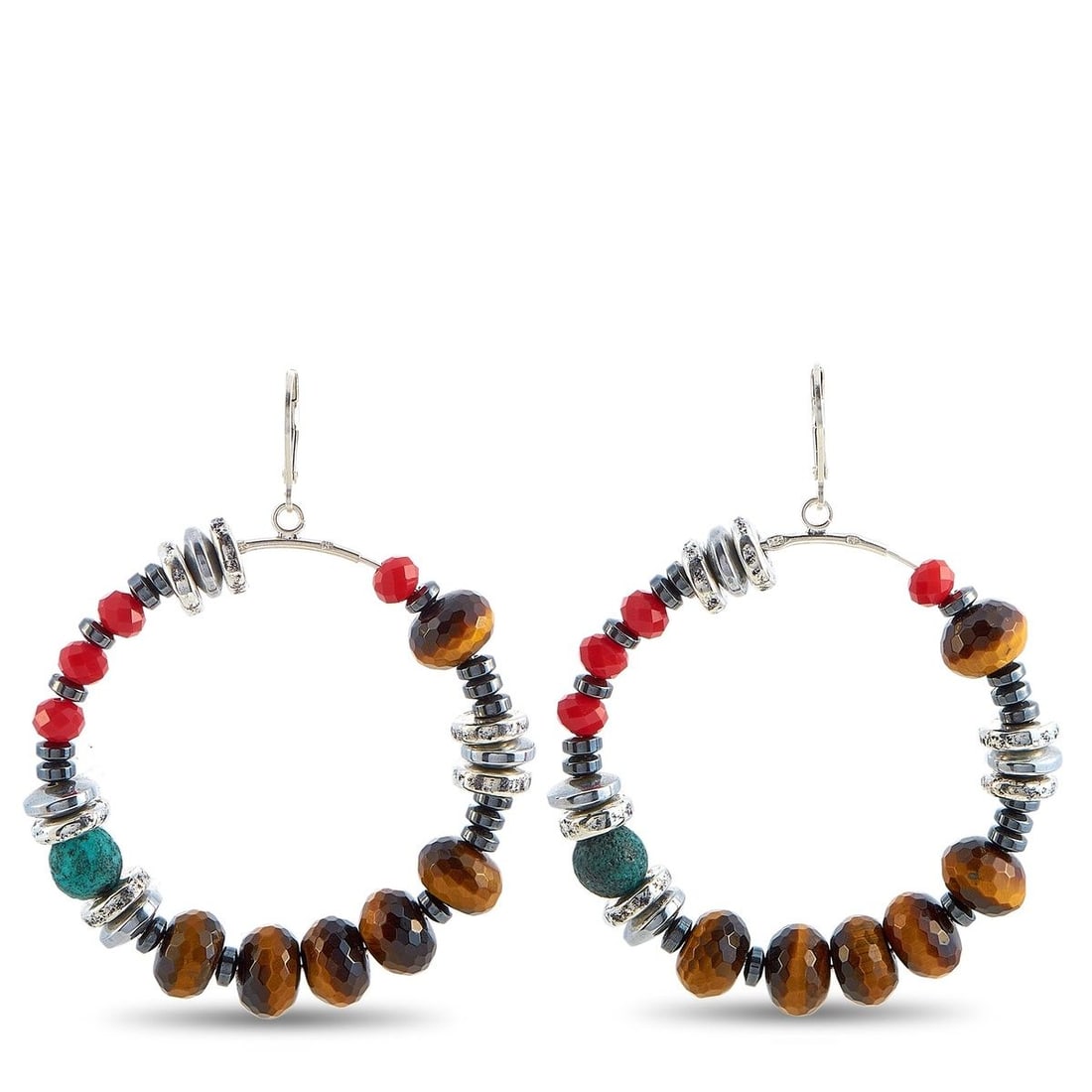 KING BABY SILVER CERAMIC, HEMATITE AND CZECH GLASS BEAD HOOP EARRINGS: These King Baby earrings are made of silver and embellished with ceramic, hematites, and Czech glass beads. The earrings measure 2.50 in length and 0.37 in width and each of the two weighs 15 grams.Th