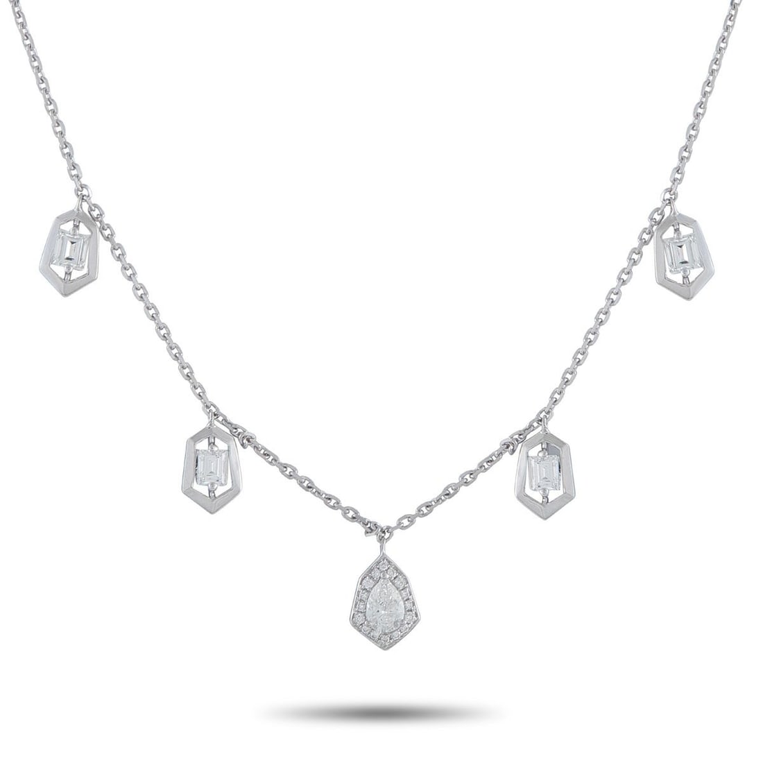 18K WHITE GOLD 1.37CT DIAMOND NECKLACE: This impeccably crated necklace is both understated and incredibly dynamic in design. A series of hanging pendants add movement to this graceful piece, while sparkling Diamonds with a total weight of 