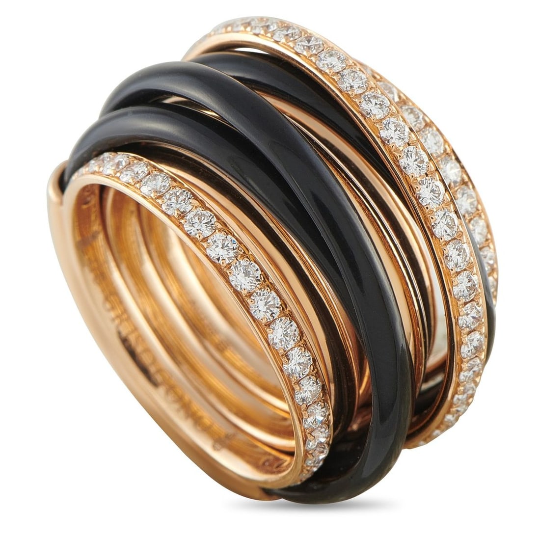 DE GRISOGONO ALLEGRA 18K ROSE GOLD 1.75CT DIAMOND AND BLACK CERAMIC RING: This De Grisogono Allegra ring pairs sleek Black Ceramic bands with opulent 18K Rose Gold. The result is a chic, contemporary accessory that beautifully showcases sparkling Diamonds totaling 1.75 cara