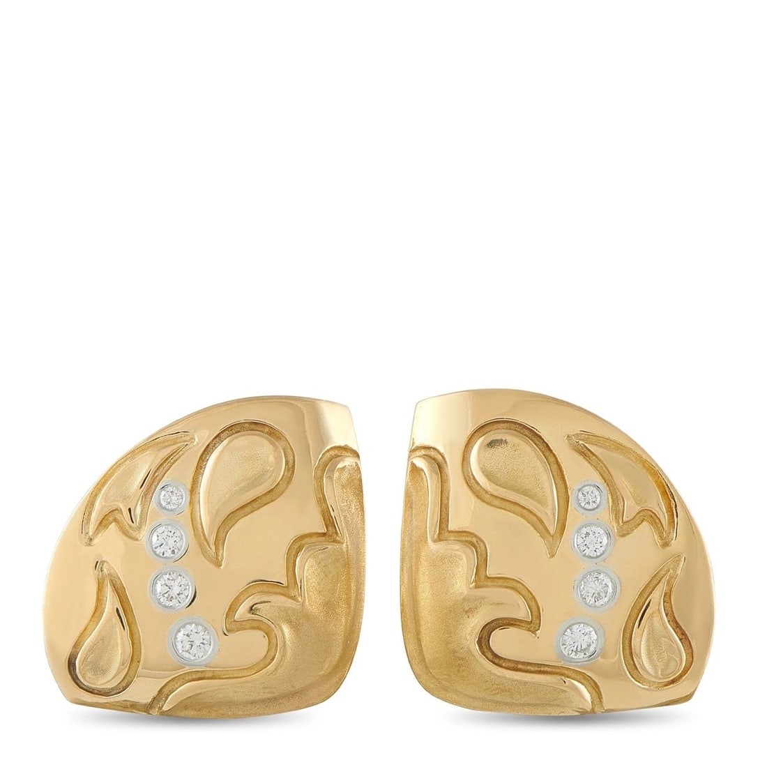 MICHAEL BONDANZA 18K YELLOW GOLD 0.35CT DIAMOND CLIP-ON EARRINGS: These Michael Bondanza earrings are simply inspired. The sleek, sophisticated 18K Yellow Gold setting makes them ideal for any minimalist. Engraved accents and inset Diamonds totaling 0.35 carats add 