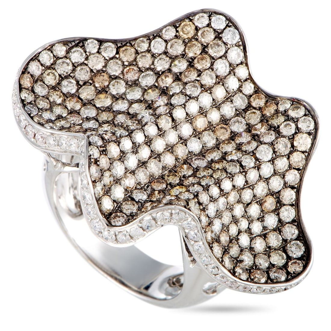 18K WHITE GOLD WHITE AND BROWN DIAMOND WAVE RING: This ring is made out of 18K white gold and diamonds that amount to 6.50 carats. The ring weighs 16.8 grams and boasts band thickness of 5 mm and top height of 10 mm, while top dimensions measure 25 b