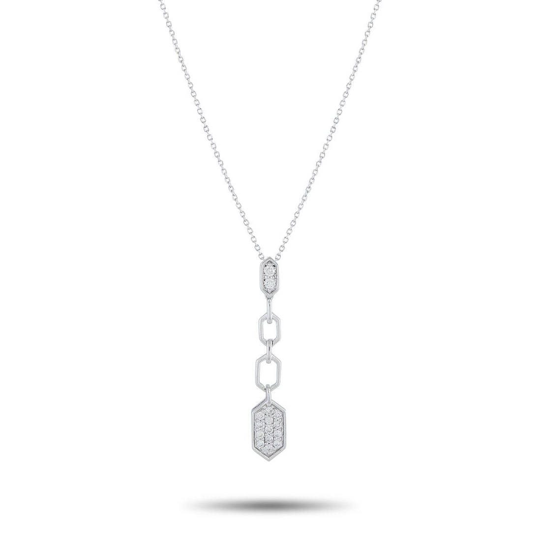 14K WHITE GOLD 0.25CT DIAMOND PENDANT NECKLACE: This luxury necklace is sleek, stylish, and incredibly sophisticated. Sparkling Diamonds totaling 0.25 carats elevate the stunning geometric pendant. Crafted from 14K White Gold, the pendant measures 