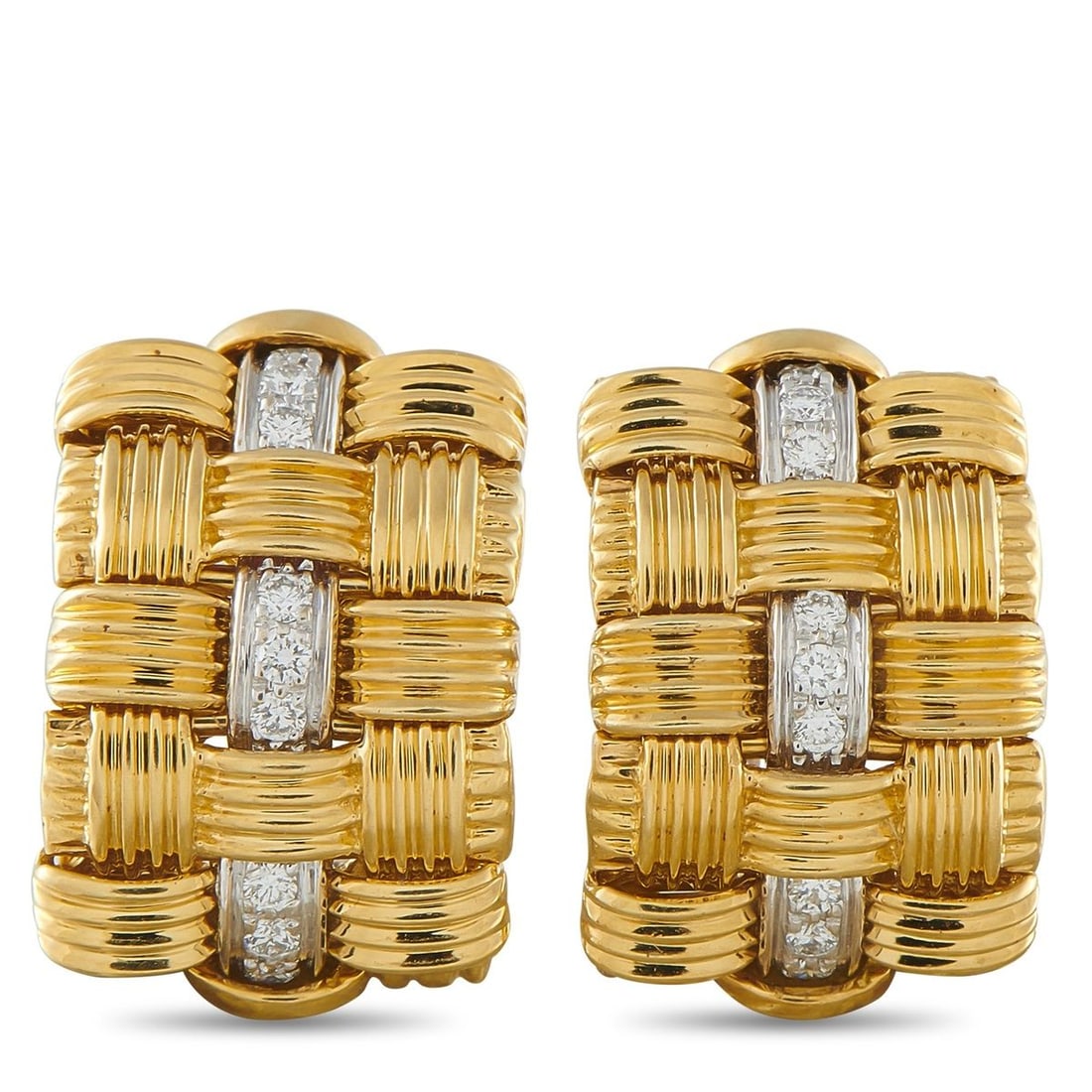 ROBERTO COIN APPASSIONATA 18K WHITE AND YELLOW GOLD WOVEN CLIP-ON EARRINGS: These Roberto Coin Appassionata earrings will add texture, dimension, and sparkle to any ensemble. Crafted from a combination of 18K Yellow Gold and 18K White Gold, Diamonds make a statement at the ce
