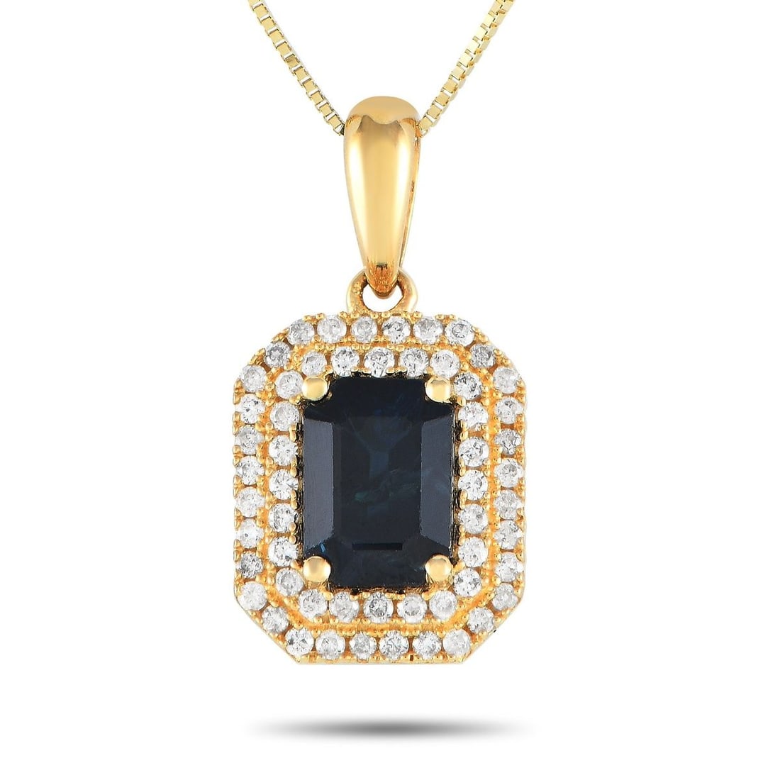 14K YELLOW GOLD 0.24CT DIAMOND AND SAPPHIRE PENDANT NECKLACE: Make a statement by adding this impeccably crafted necklace to any ensemble. Breathtaking and elegant, this necklace features a 14K Yellow Gold pendant measuring 0.75 long by 0.45 wide. It comes to li