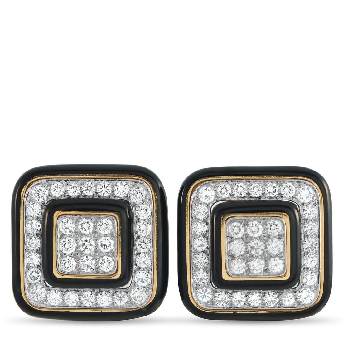 DAVID WEBB PLATINUM AND 18K YELLOW GOLD 3.30CT DIAMOND AND ENAMEL SQUARE EARRINGS: Diamonds, black enamel, and yellow gold form a natural alliance in this pair of clip-ons from David Webb. The brightness of the diamonds gains precision when set in platinum, while yellow gold brings 
