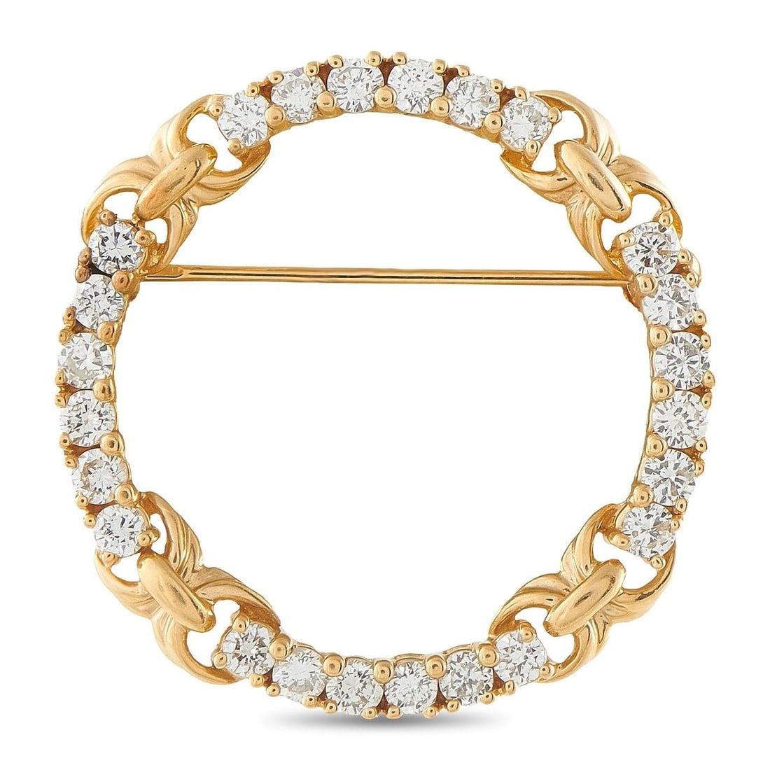 14K YELLOW GOLD 1.20CT DIAMOND OPEN CIRCLE BROOCH: A refined estate brooch crafted in 14K yellow gold, this striking open circle design features 1.20 carats total weight of round brilliant-cut diamonds pav-set within alternating sections of the circul