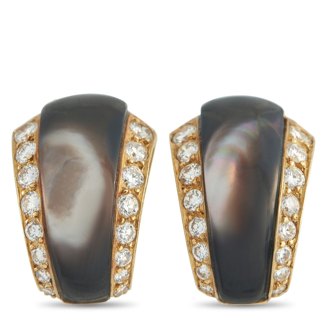 VAN CLEEF & ARPELS 18K YELLOW GOLD 0.70CT DIAMOND AND MOTHER OF PEARL CLIP-ON EARRINGS: These classic Van Cleef & Arpels earrings exude vintage elegance. At the center of the 18K Yellow Gold settings, dark Mother of Pearl serves as a stunning focal point. Diamond accents totaling 0.70 ca