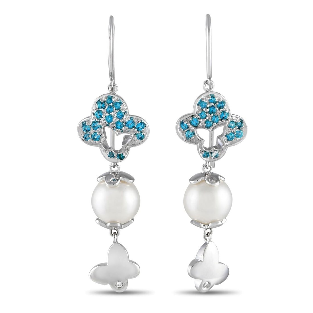 IO SI 18K WHITE GOLD 0.02CT DIAMOND AND BLUE GEMSTONE EARRINGS: Butterfly motifs can be found throughout these simple, stylish Io Si earrings. The 18K white gold setting provides the perfect backdrop for sparkling blue gemstones and diamonds with a total weight of