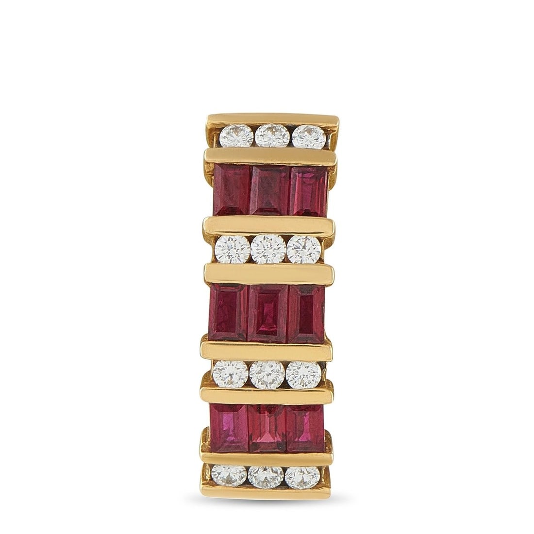 18K YELLOW GOLD 0.30CT DIAMOND AND RUBY BAR PENDANT: This estate 18K yellow gold pendant presents a striking geometric bar design in which vivid baguette-cut rubies and sparkling round brilliant diamonds are channel-set in alternating vertical columns. 