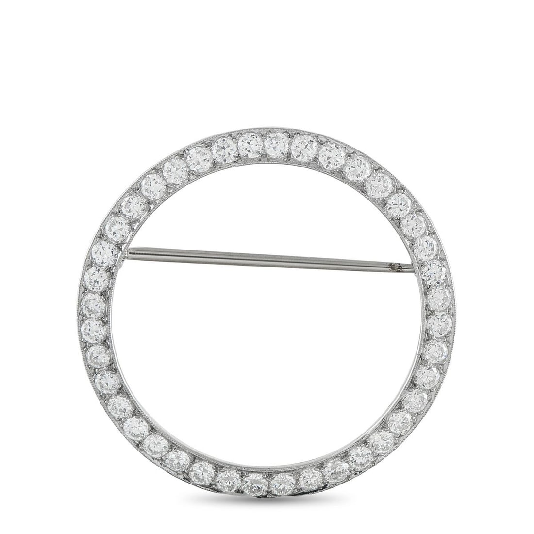 PLATINUM 2.25CT DIAMOND CIRCLE BROOCH: A timeless estate platinum circle brooch of pure, understated elegance. The open circle form is set entirely around its circumference with a continuous row of round brilliant diamonds totaling approxi