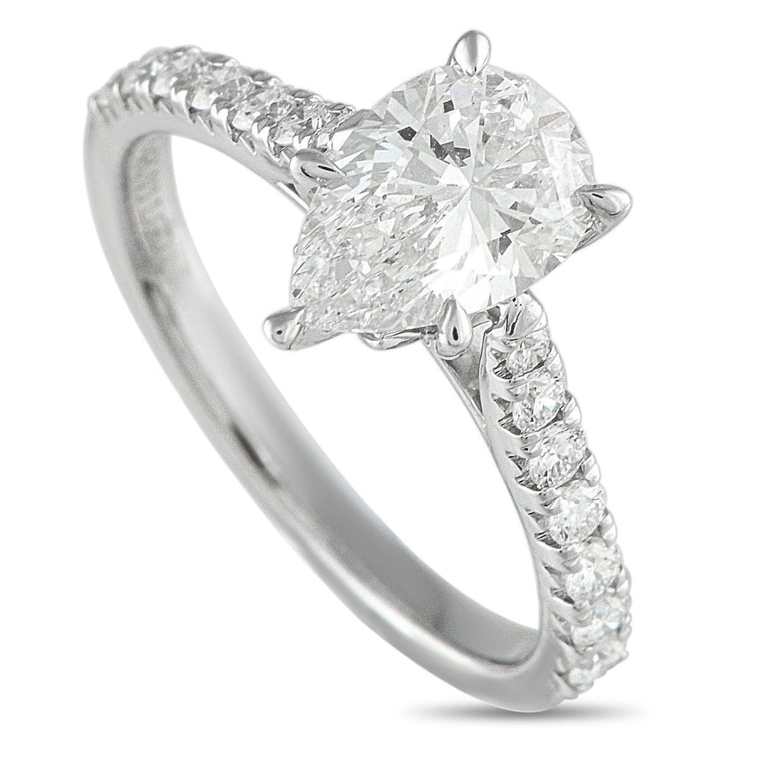 14K WHITE GOLD 1.89CT LAB-GROWN DIAMOND RING: This radiant ring is designed to last a lifetime. A 1.54 carat pear-shaped Lab Grown Diamond with G color and VS2 clarity makes a statement at the center of the 14K White Gold setting. Additional Lab