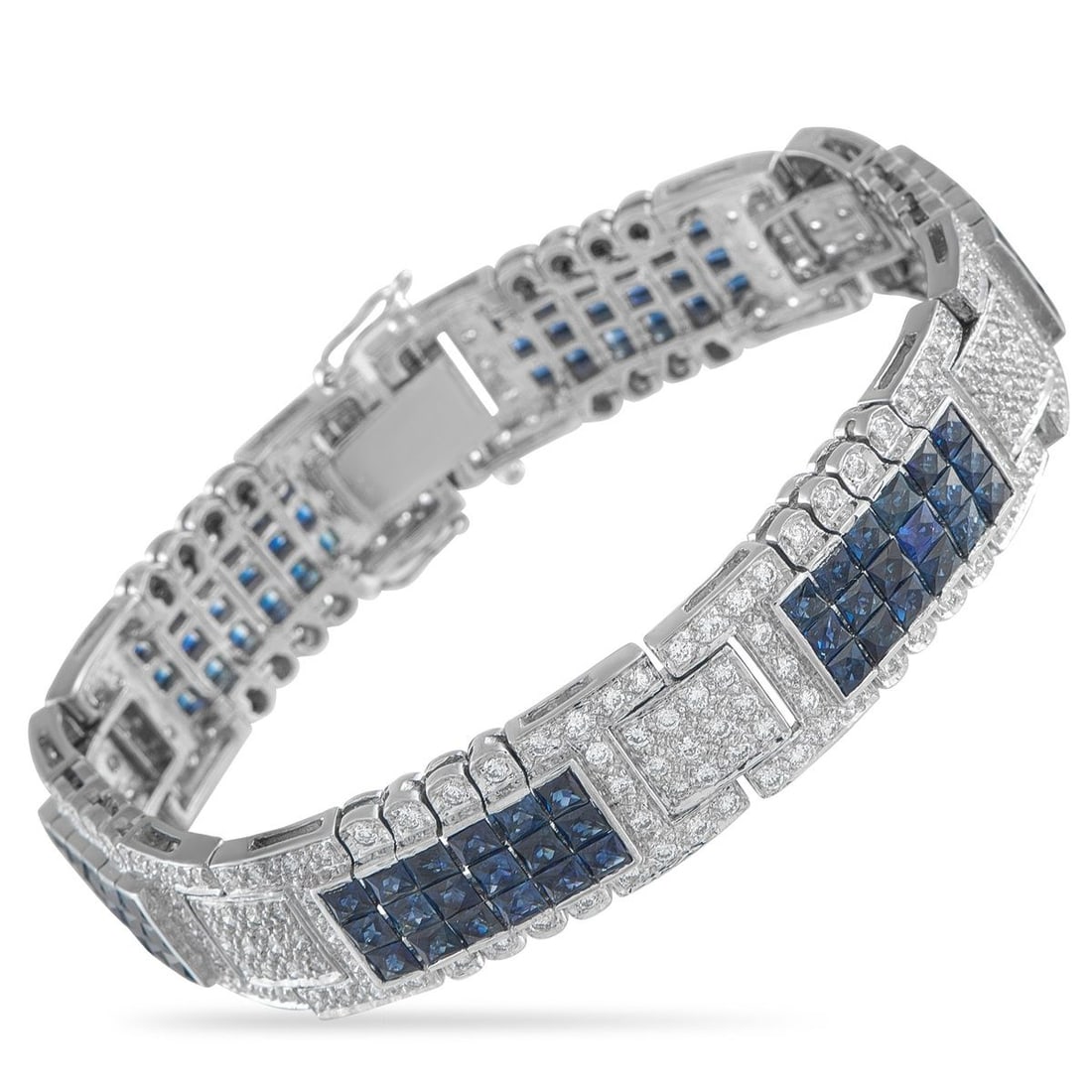 BELLARRI 18K WHITE GOLD 3.28CT DIAMOND AND SAPPHIRE BRACELET: This Bellarri bracelet exudes classic sophistication. The simple, elegant design comes to life thanks to a dazzling array of inset Diamonds totaling 3.28 carats. Sapphire accents with a total weight