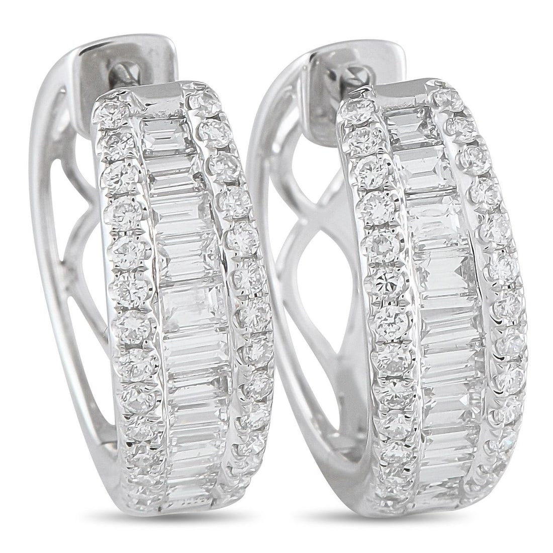 18K WHITE GOLD 1.65CT DIAMOND HOOP EARRINGS: These earrings will add a touch of luxury to any occasion. Crafted with a curved 18K White Gold setting, round-cut Diamonds and Diamond baguettes totaling 1.65 carats make them instantly eye-catching.