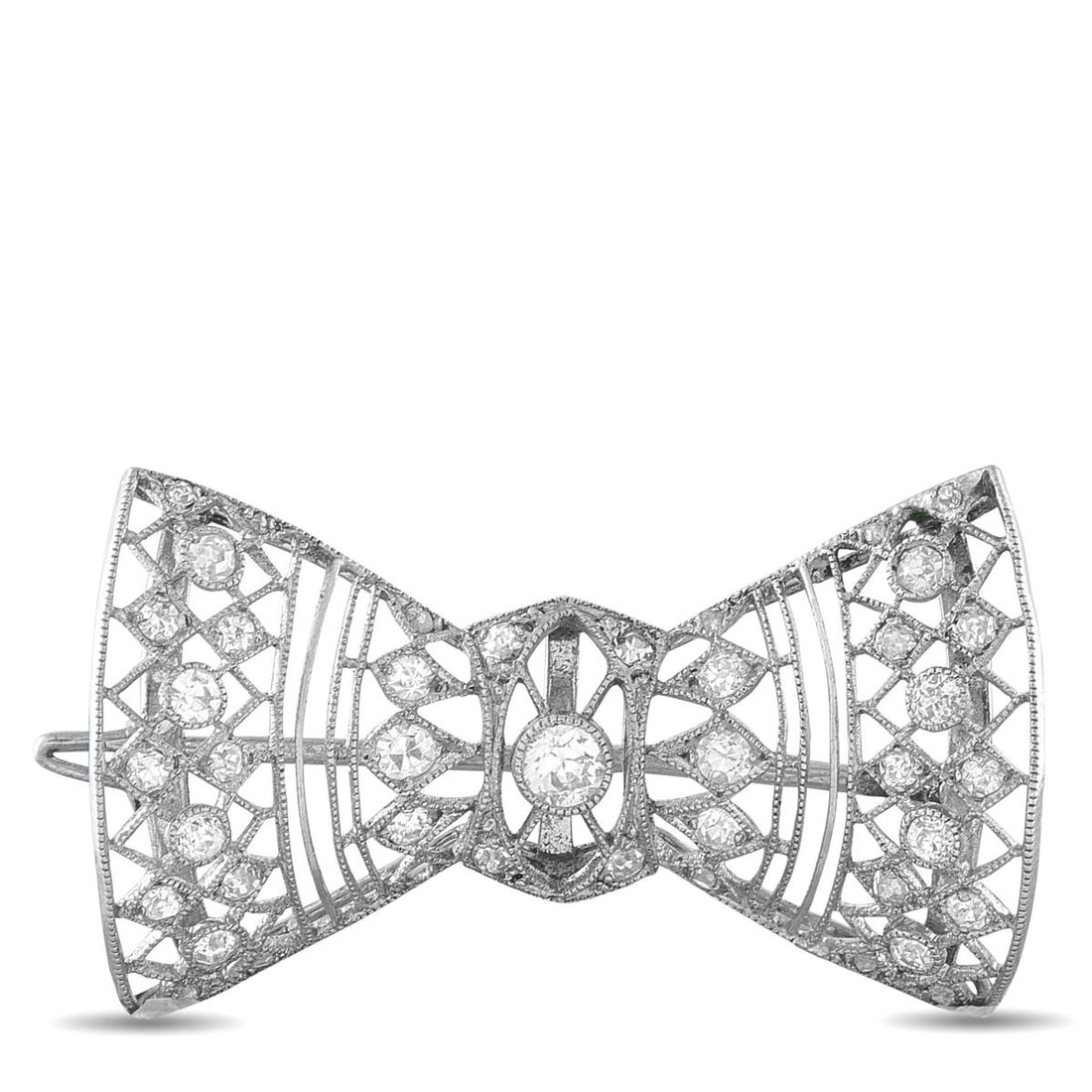 18K WHITE GOLD 0.40CT DIAMOND BELLE EPOQUE BOW BROOCH: This antique-style french Belle Epoque brooch is designed as an elegant bow, pave-set throughout with round diamonds totaling approximately 0.40 carats within an intricate open-work, millegrain-edged 