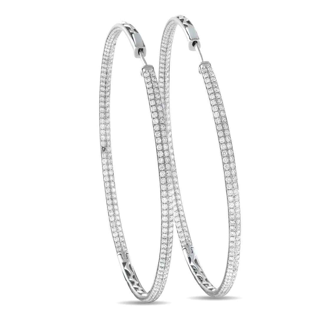 18K WHITE GOLD 5.20CT DIAMOND INSIDE-OUT HOOP EARRINGS: These magnificent estate 18K white gold hoop earrings are a masterwork of pav diamond craftsmanship. Each large hoop is fully encrusted with a double row of round brilliant diamonds set in a micro-pav