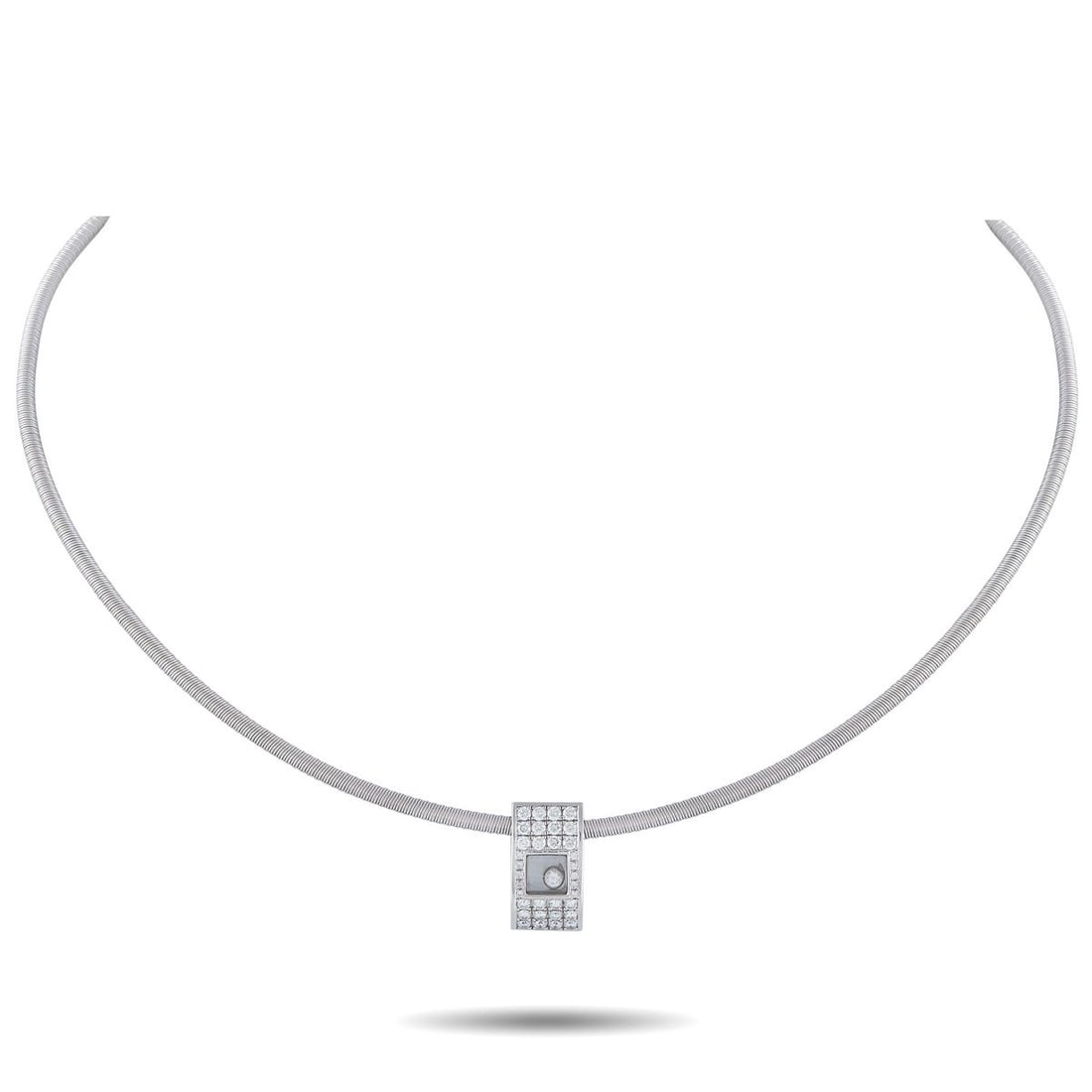 CHOPARD HAPPY DIAMONDS 18K WHITE GOLD DIAMOND NECKLACE: This Chopard Happy Diamonds necklace features a sleek, contemporary design that will complement any upscale ensemble. The 14.25 cord beautifully showcases this pieces central pendant, which includes i