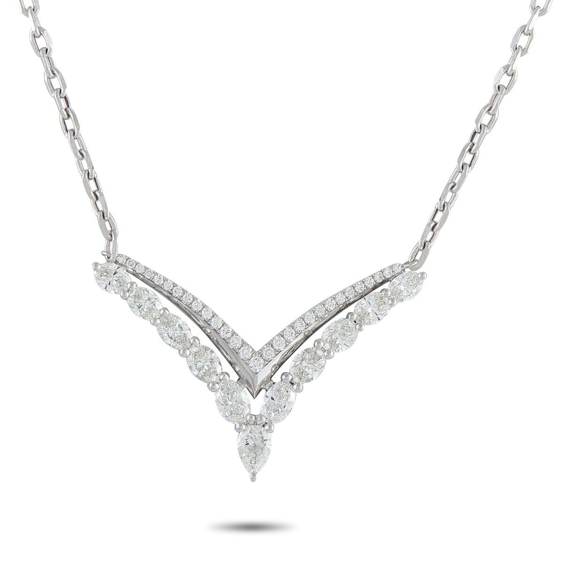 18K WHITE GOLD 2.20CT DIAMOND NECKLACE: Structure meets shine. In this necklace, a layered V of diamonds leads the eye to a luminous pear-cut apex. The upper V-line showcases round diamonds set along the white gold frame. Below, a second V 