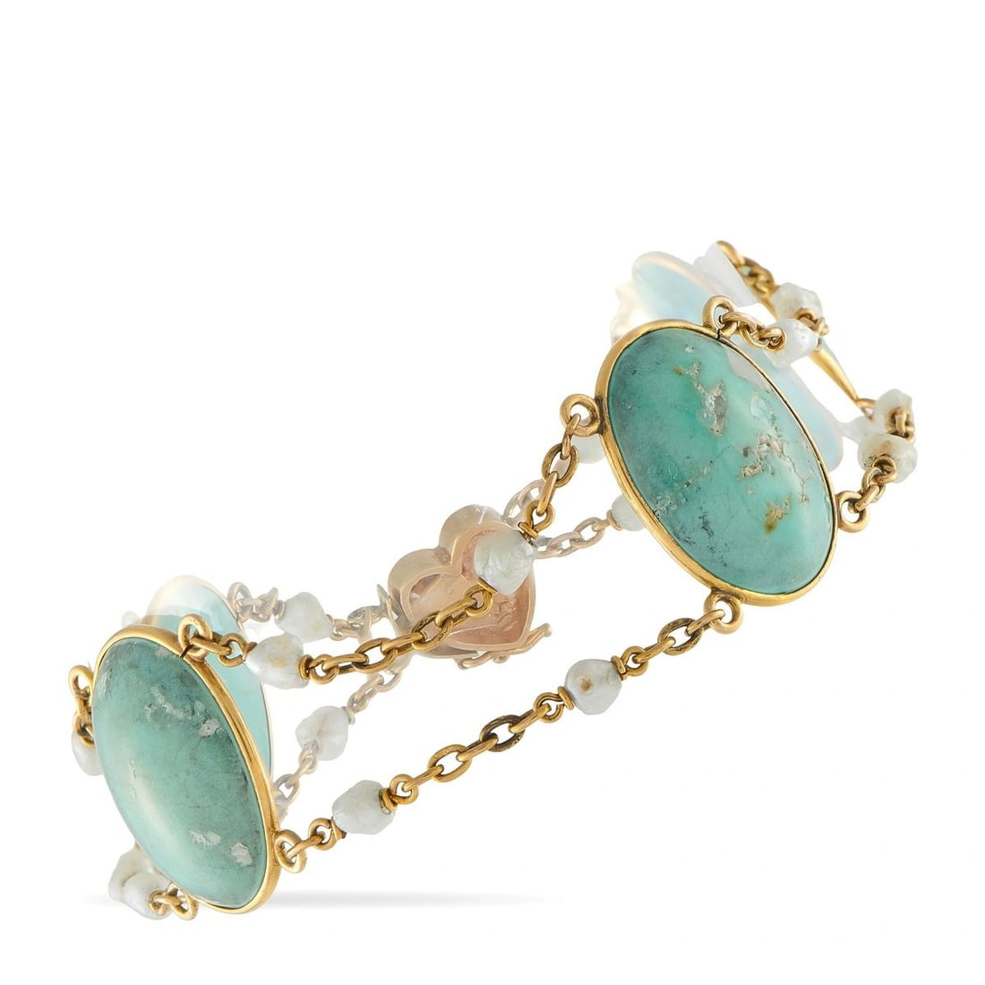 14K YELLOW GOLD TURQUOISE SEED PEARL BRACELET: A charming double-strand bracelet in 14K yellow gold, featuring oval bezel-set turquoise cabochons connected by delicate gold link chains interspersed with natural seed pearls at every station. A deco