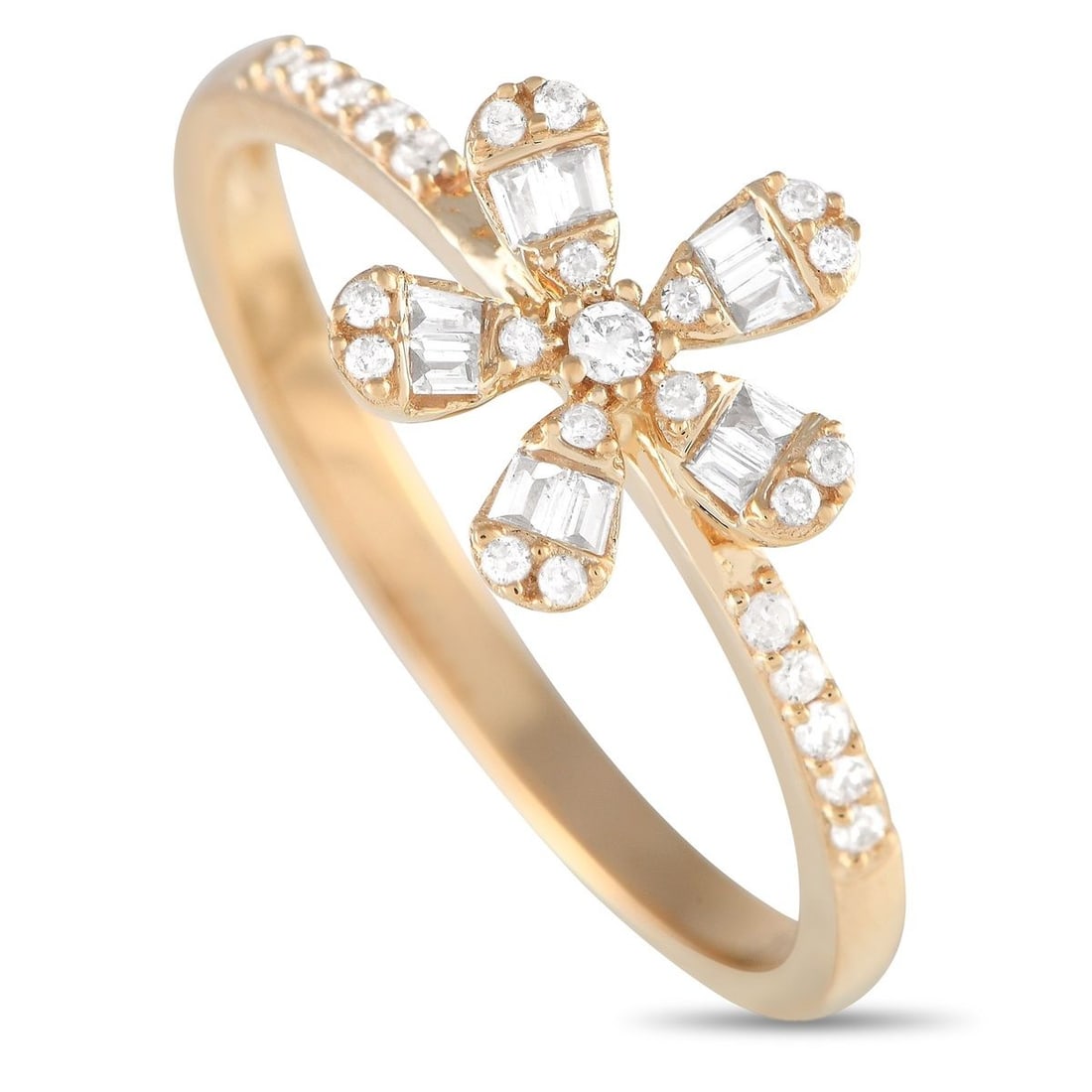 14K YELLOW GOLD 0.20CT DIAMOND FLOWER RING: You'll love the elegant look and the laidback feel of this diamond ring. It is designed with a thin shank with petite round diamonds tracing the shoulders. The focal point is a flower motif with five 