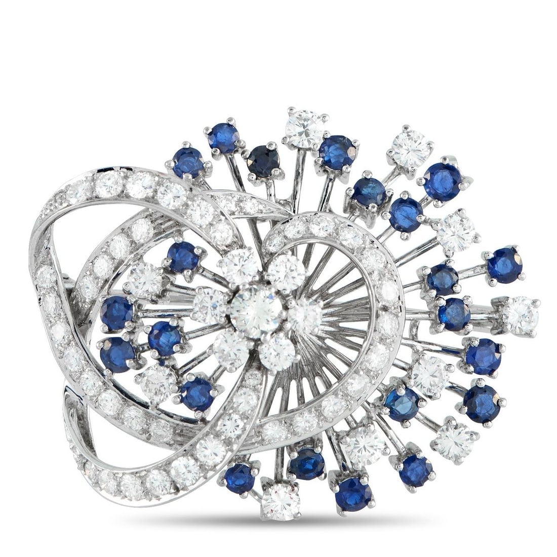 18K WHITE GOLD 3.50CT DIAMOND AND SAPPHIRE BROOCH: A chic, contemporary design makes this brooch instantly eye-catching. Diamonds with a total weight of 3.50 carats make it come alive every time it catches the light, while Sapphires totaling 1.25 cara