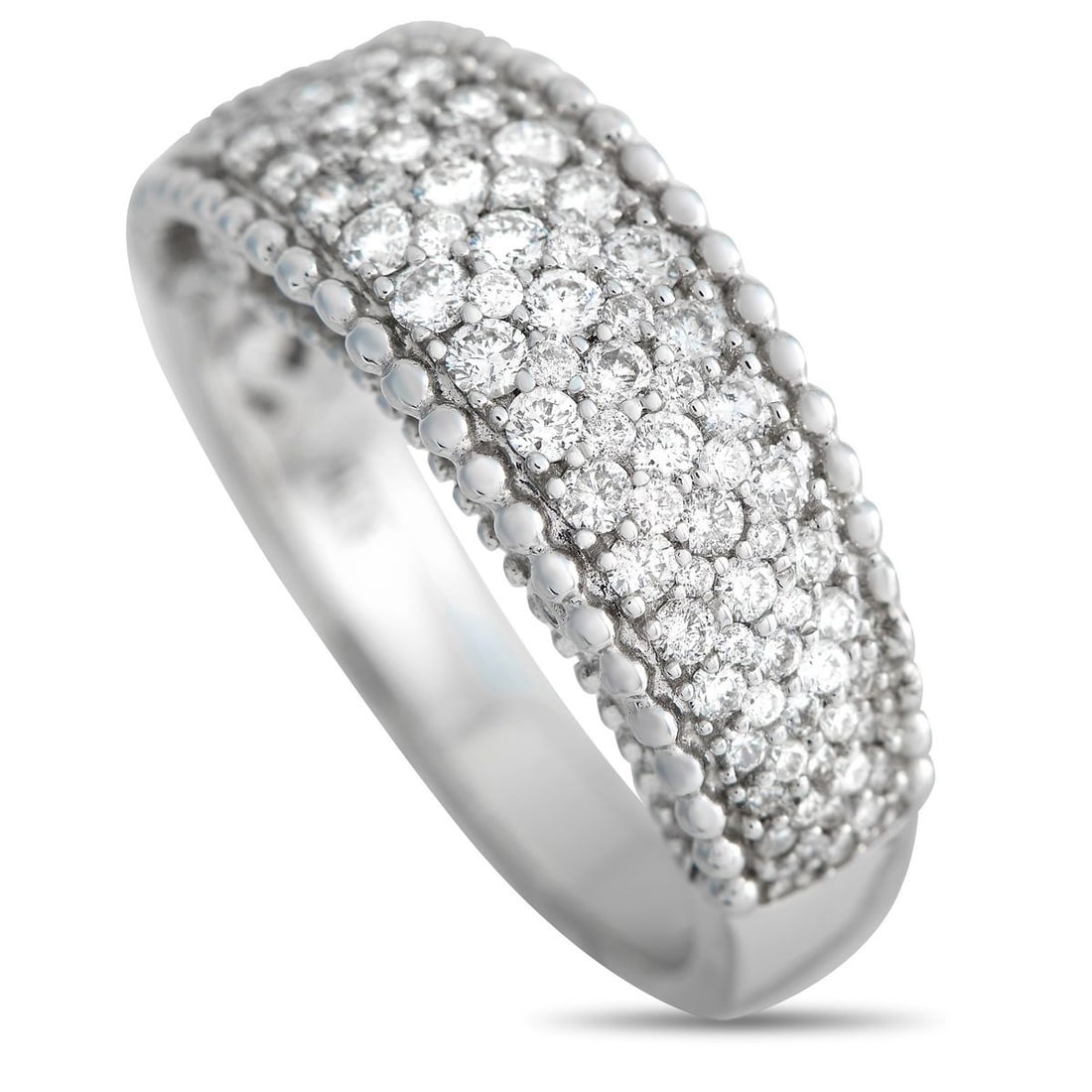 14K WHITE GOLD 1.0CT DIAMOND RING: A 14K white gold setting with delicate millegrain accents at the edges provides the perfect foundation for this rings sparkling inset diamonds, which together total 1.0 carats. Elegant and ideal for e
