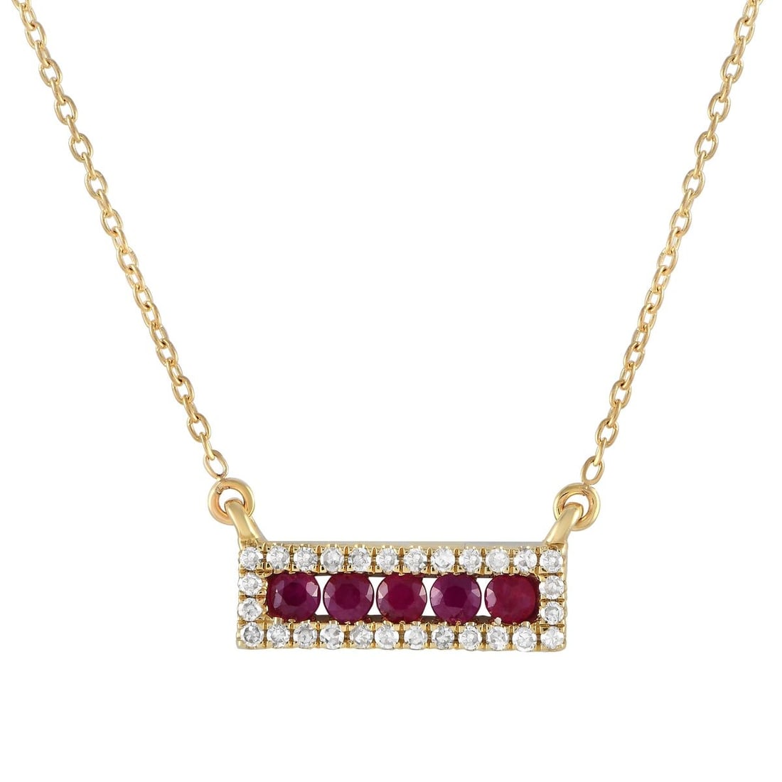 14K YELLOW GOLD 0.15CT DIAMOND AND RUBY PENDANT NECKLACE: A series of captivating Ruby gemstones and sparkling Diamond accents totaling 0.15 carats make this necklace simply unforgettable. Charming and elegant, this piece features a 14K Yellow Gold pendant m