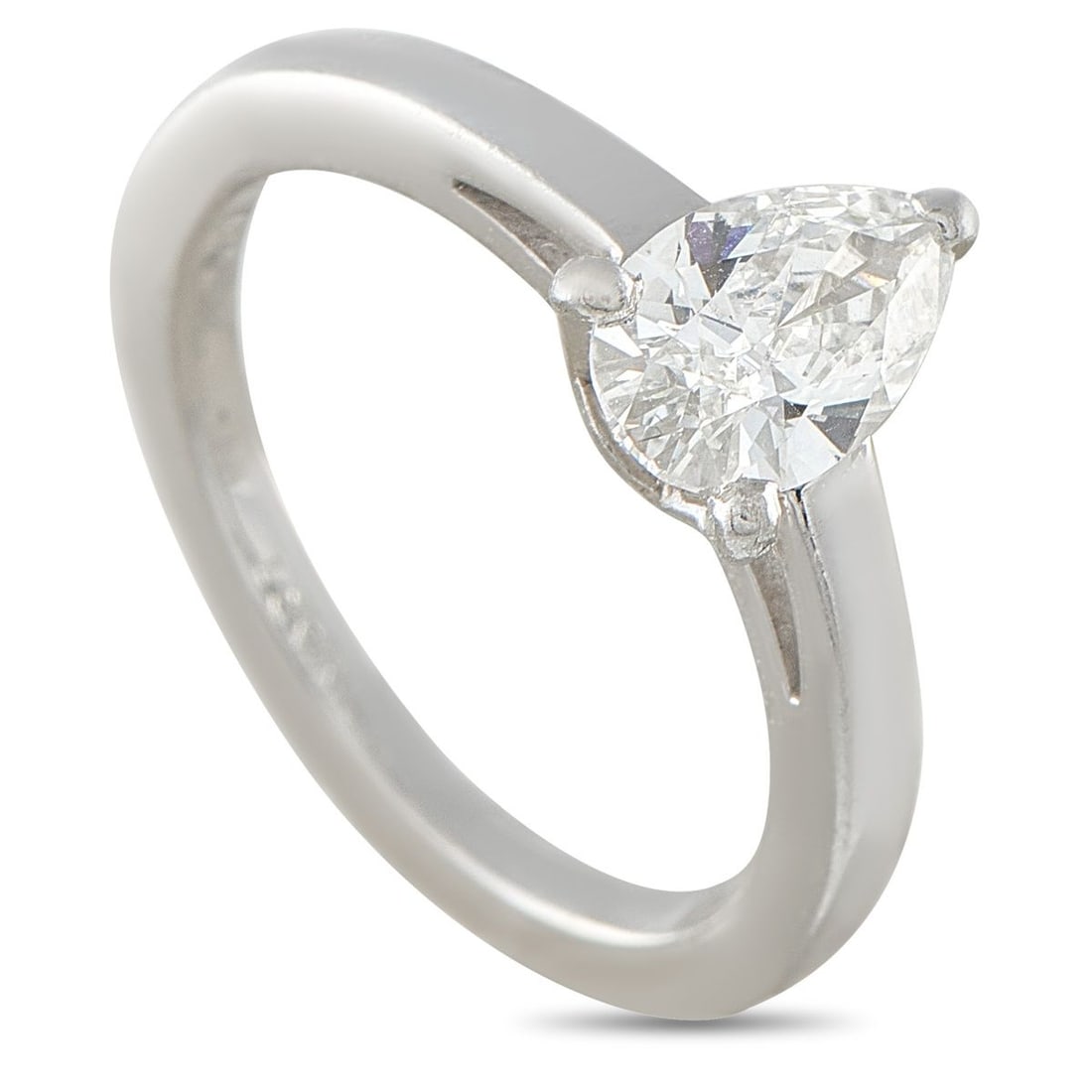 BVLGARI 18K WHITE GOLD 0.93CT PEAR SHAPED DIAMOND ENGAGEMENT RING: A 0.93 carat pear-shaped Diamond makes this Bvlgari engagement ring an instant classic. The elegant minimalist design includes an 18K White Gold setting featuring a 1mm wide band and a 5mm top height.
