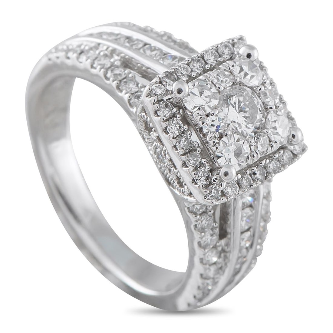 14K WHITE GOLD 1.30CT DIAMOND RING: Built around height and geometry, this 14K white gold ring places its focus well above the band. A compact cluster of round diamonds forms the square-shaped center, arranged to give the impression of 