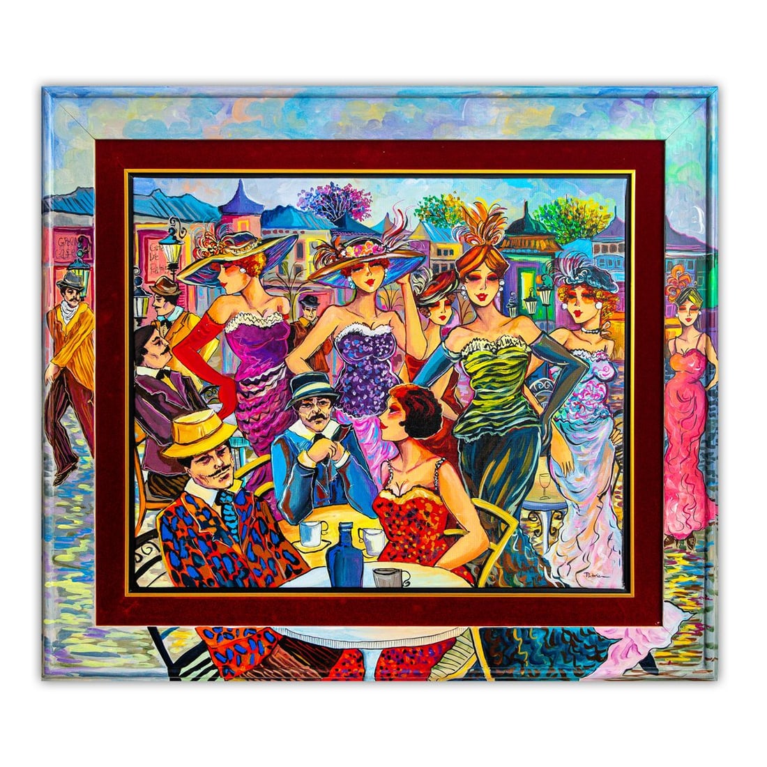 Patricia Govezensky- Original Acrylic with Hand Painted Frame "Midnight Sonata of the Streets": Artist: Patricia Govezensky. Medium: Original Acrylic with Hand Painted Frame. Title: Midnight Sonata of the Streets. Size: 20" x 24". Measures approx. 28.5" x 32.5" (framed). Signature: Hand Signed b